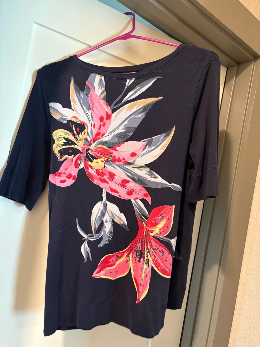Chico's Navy Top with Pink and Red Floral Print